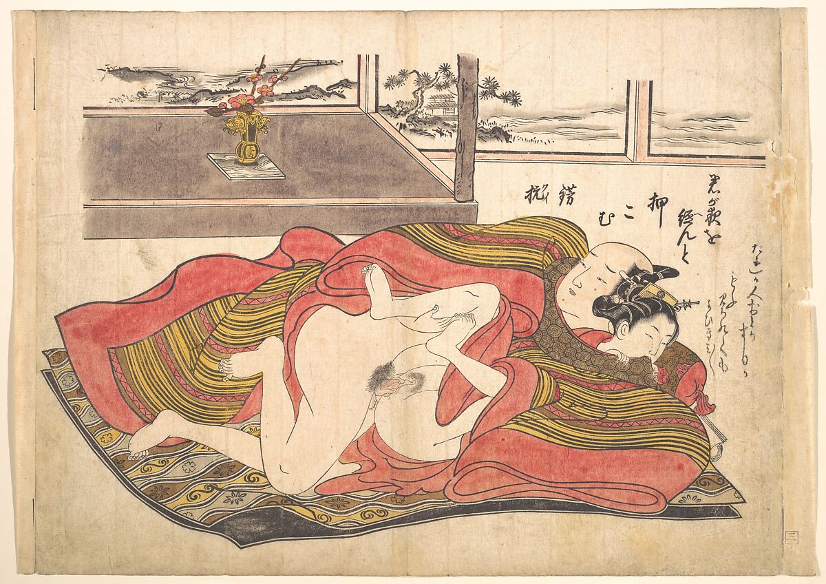 Bedroom Scene, Okumura Masanobu (Japanese, 1686–1764), Woodblock print; ink and color on paper (hand colored), Japan 