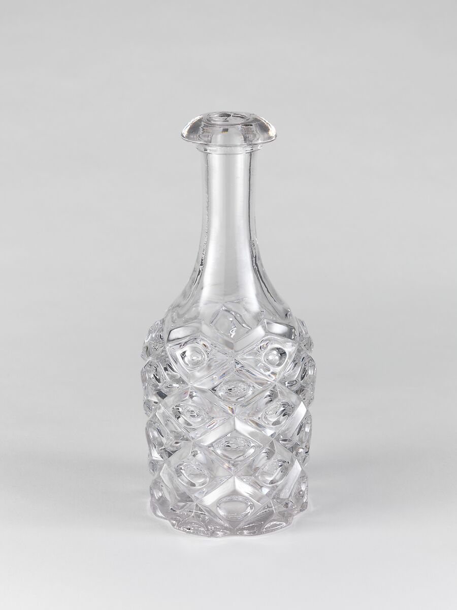 Pint decanter, Pressed glass, diamond thumbprint, American 