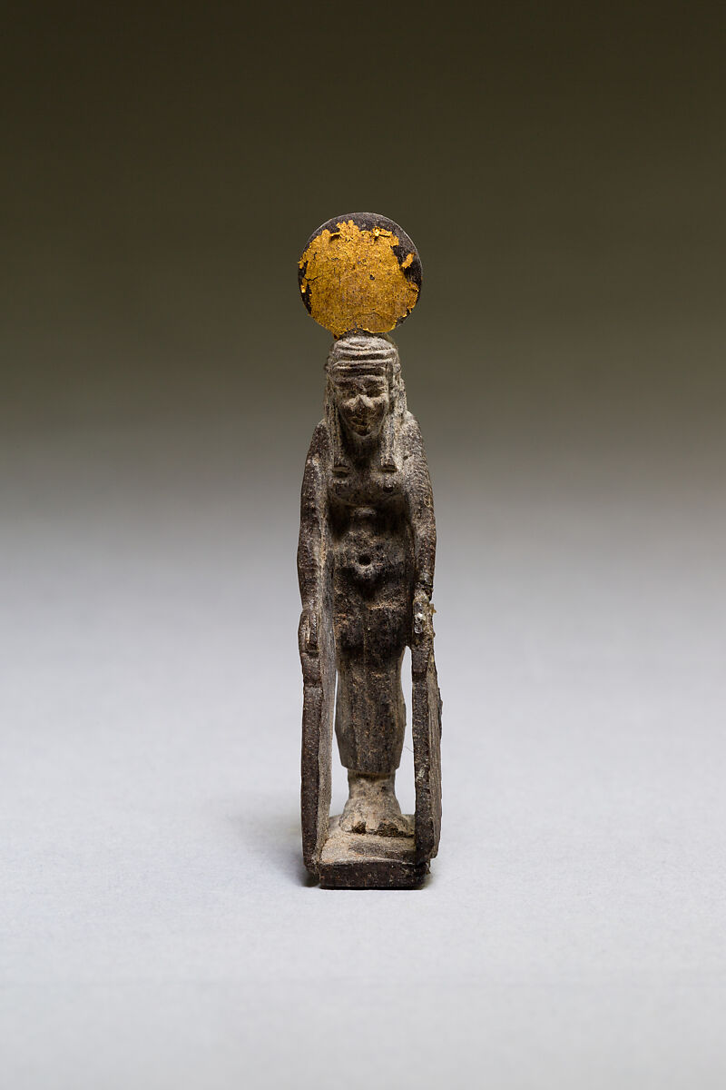 Goddess with gilded sundisk and wings, Wood, gilding