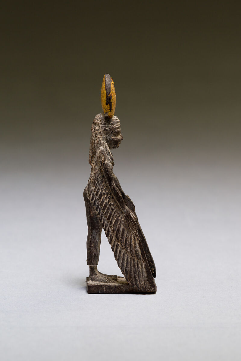 Goddess with gilded sundisk and wings, Wood, gilding