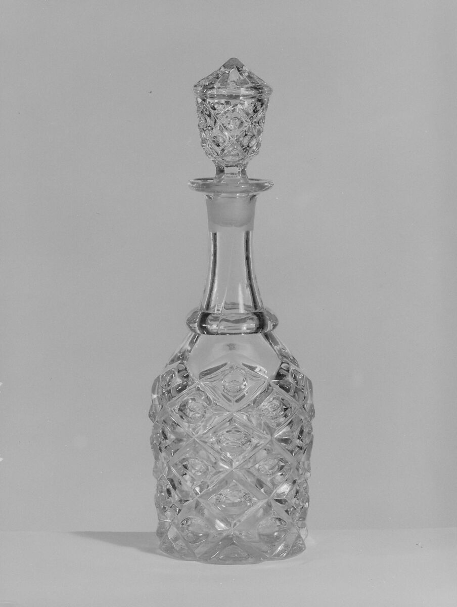 Pint Decanter, Pressed glass, diamond thumbprint, American 