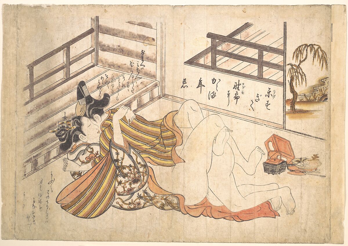 Bedroom Scene, Okumura Masanobu (Japanese, 1686–1764), Woodblock print; ink and color on paper (hand colored), Japan 