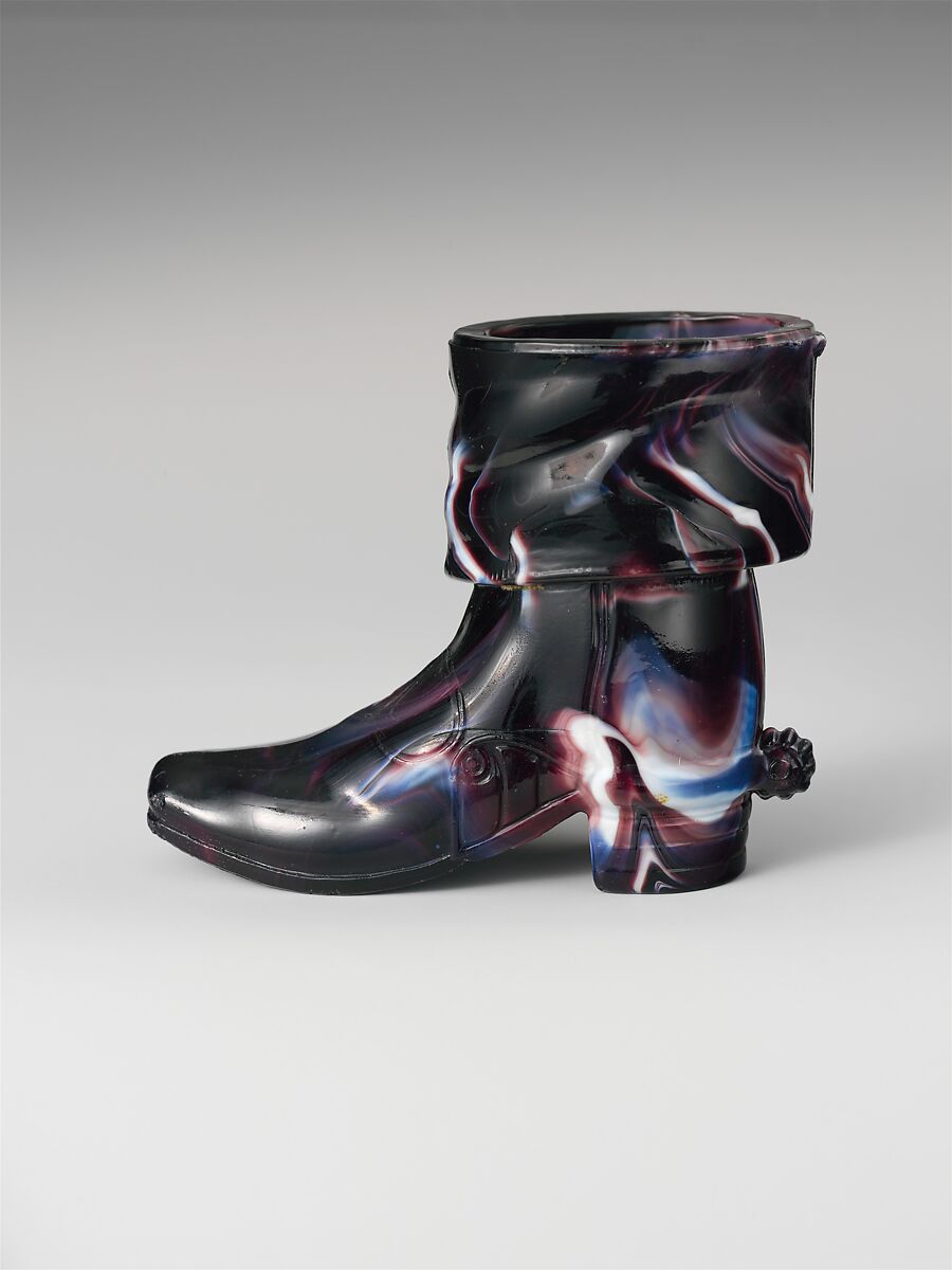 Boot with Spur, Challinor, Taylor and Company (1866–1891), Pressed purple marble glass, American 