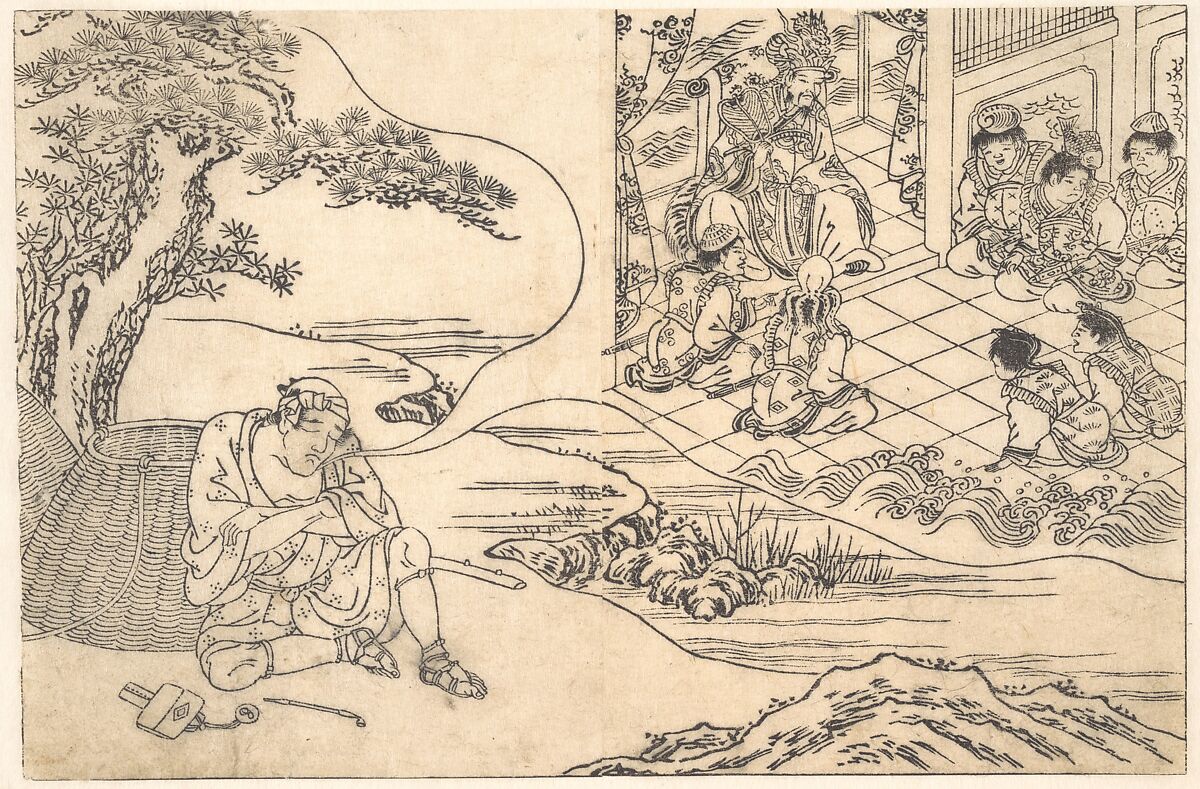 Parody of the Tale of Young Man Lu: A Fisherman Dreaming, Unidentified artist, Monochrome woodblock print; ink on paper, Japan 