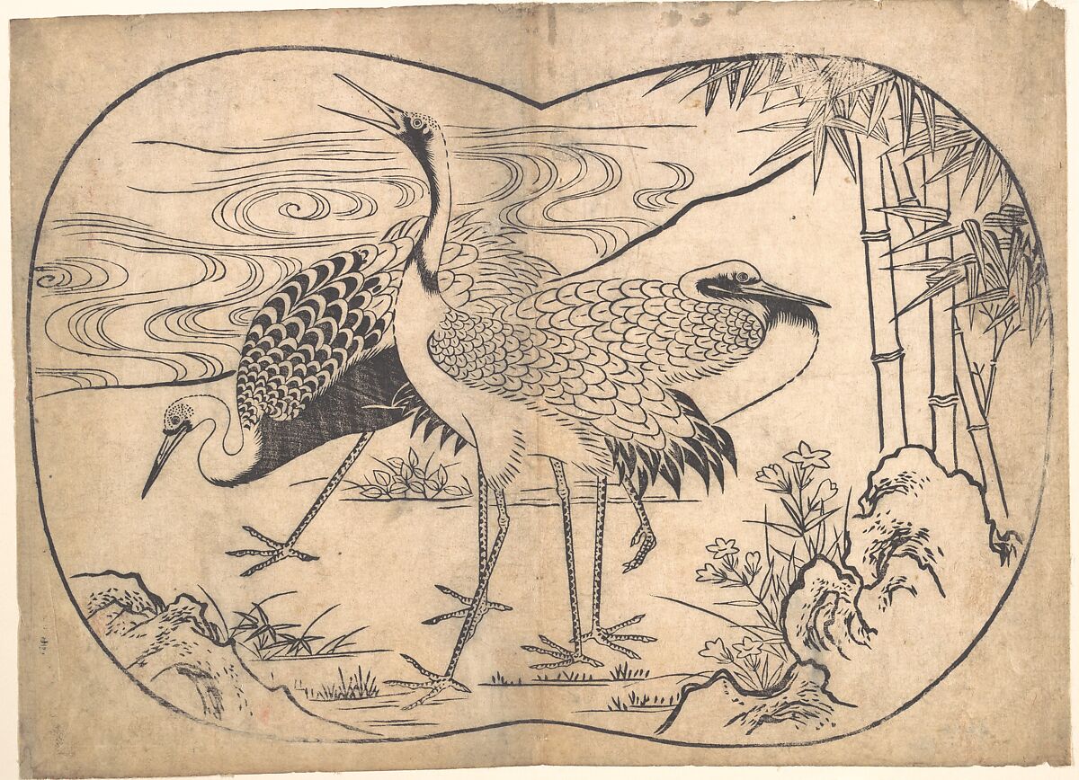 Cranes, Hishikawa Moronobu 菱川師宣 (Japanese, 1618–1694), Monochrome woodblock print; ink on paper, Japan 