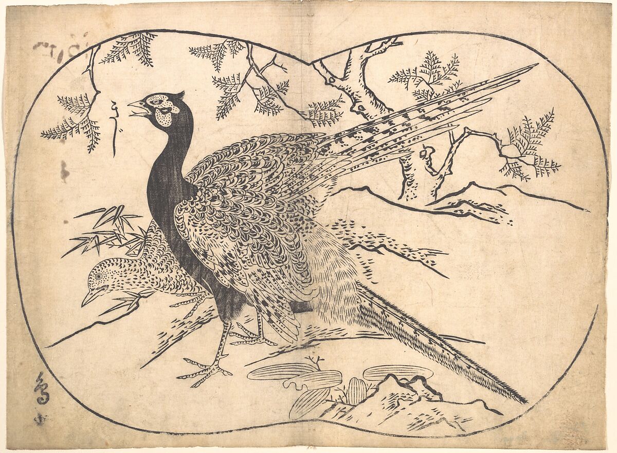 Pheasants, Hishikawa Moronobu 菱川師宣 (Japanese, 1618–1694), Monochrome woodblock print; ink on paper, Japan 