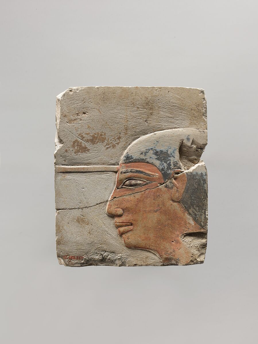 Relief depicting the head of a scribe, Limestone, paint 