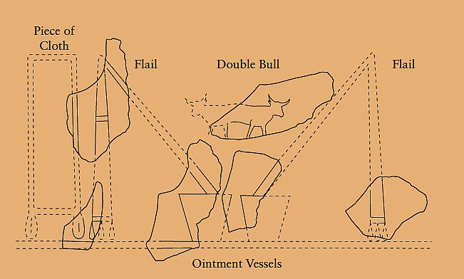 Relief, tomb of Khety: sacred objects to be used in Khety’s funeral rituals, Limestone, paint