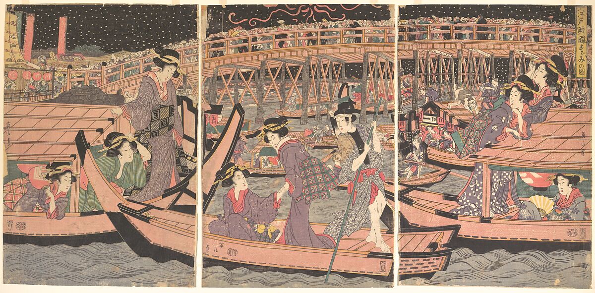 Cooling Off at Ryogoku in Edo, Kikugawa Eizan (Japanese, 1787–1867), Triptych of woodblock prints; ink and color on paper, Japan 