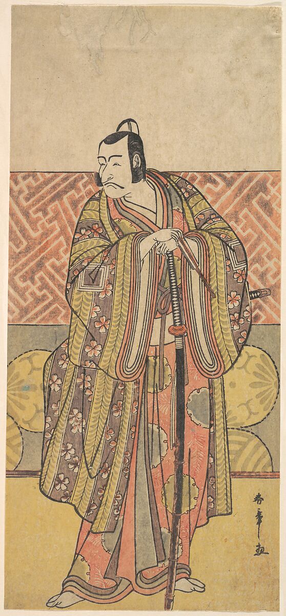 Ichikawa Danjuro V as Kudo Suketsune, Richly Attired, Leaning on His Sword, Katsukawa Shunshō　勝川春章 (Japanese, 1726–1792), Woodblock print (nishiki-e); ink and color on paper, Japan 