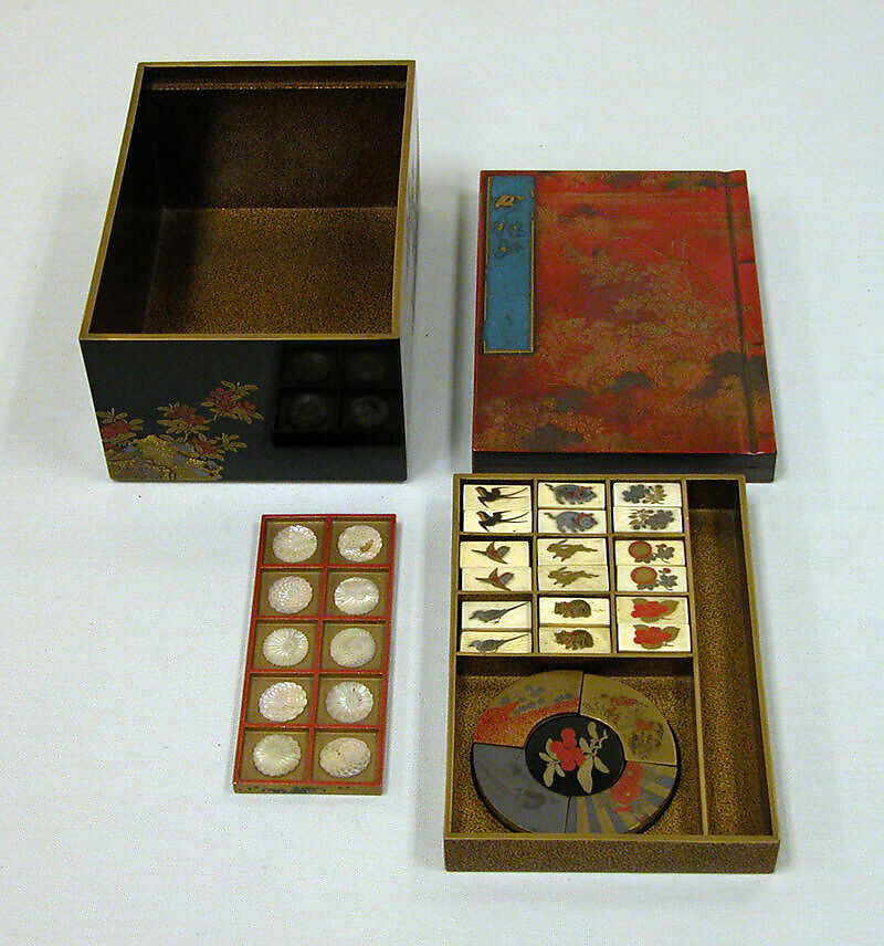 Incense Box with Design of Camellia, Autumn Grasses, and Tree, Gold and silver maki-e on red lacquer, Japan