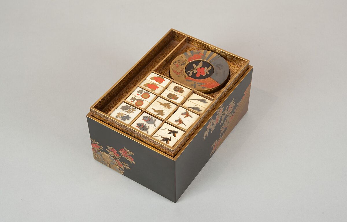 Incense Box with Design of Camellia, Autumn Grasses, and Tree, Gold and silver maki-e on red lacquer, Japan