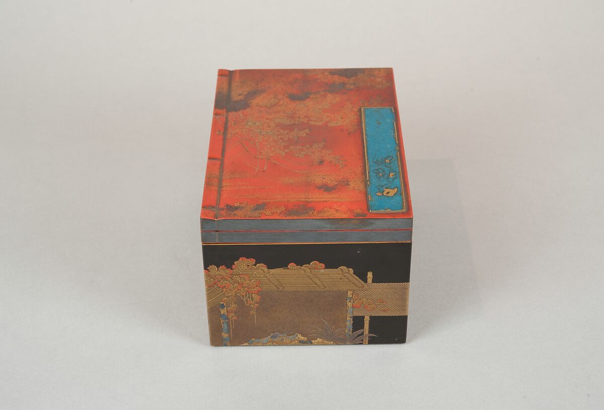 Incense Box with Design of Camellia, Autumn Grasses, and Tree, Gold and silver maki-e on red lacquer, Japan
