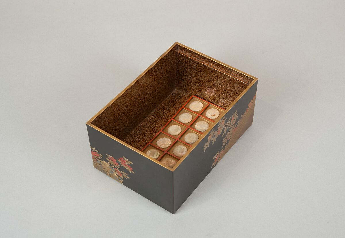 Incense Box with Design of Camellia, Autumn Grasses, and Tree, Gold and silver maki-e on red lacquer, Japan
