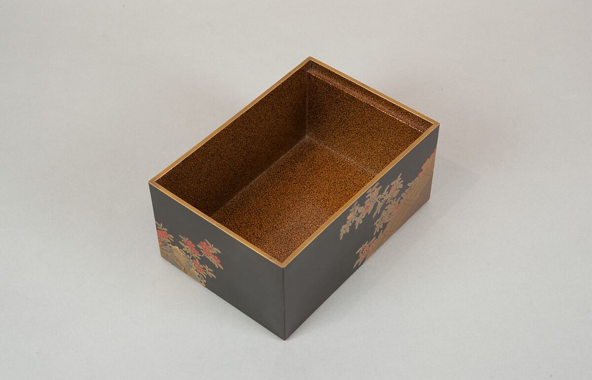 Incense Box with Design of Camellia, Autumn Grasses, and Tree, Gold and silver maki-e on red lacquer, Japan