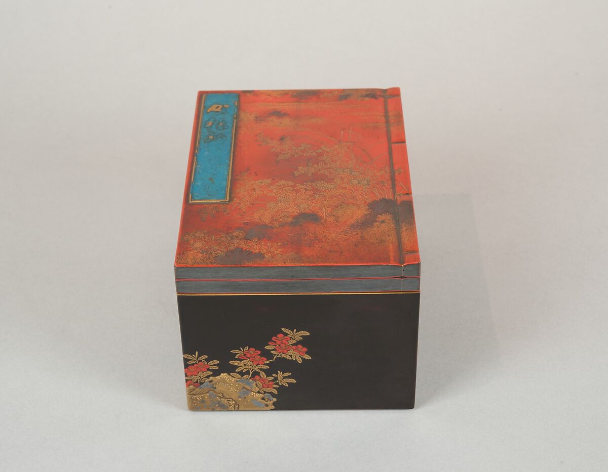 Incense Box with Design of Camellia, Autumn Grasses, and Tree, Gold and silver maki-e on red lacquer, Japan