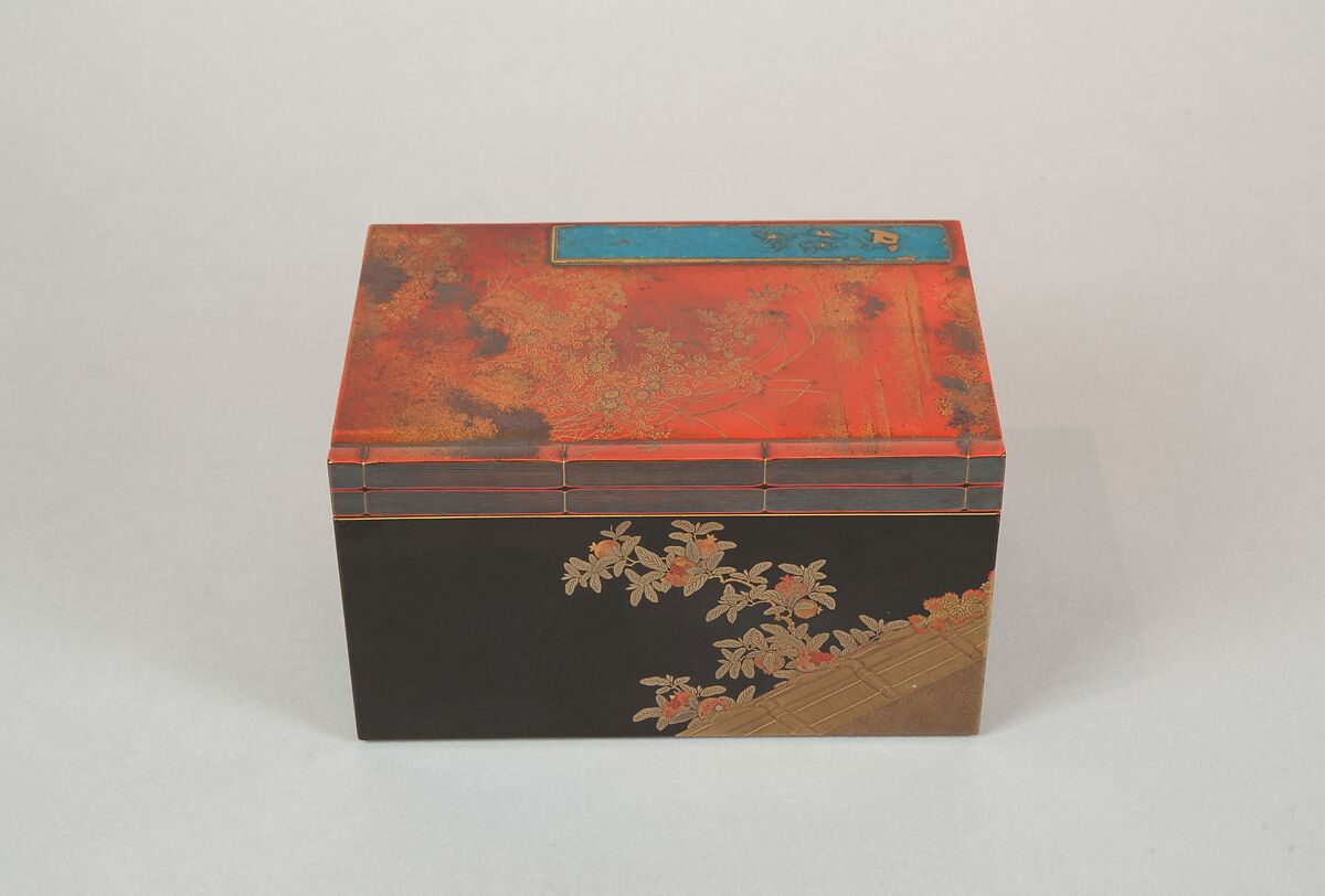 Incense Box with Design of Camellia, Autumn Grasses, and Tree, Gold and silver maki-e on red lacquer, Japan