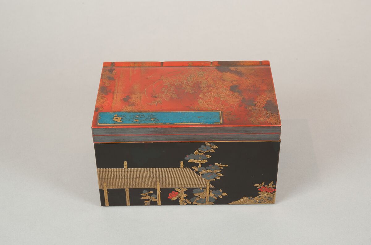Incense Box with Design of Camellia, Autumn Grasses, and Tree, Gold and silver maki-e on red lacquer, Japan