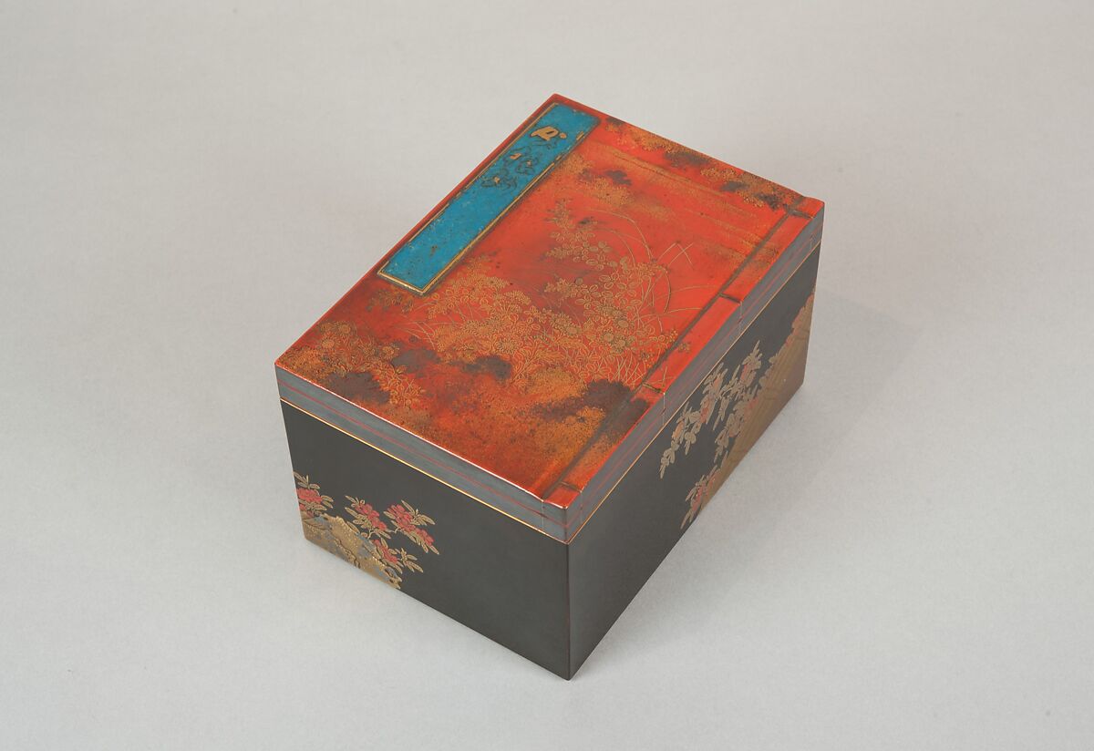 Incense Box with Design of Camellia, Autumn Grasses, and Tree, Gold and silver maki-e on red lacquer, Japan 