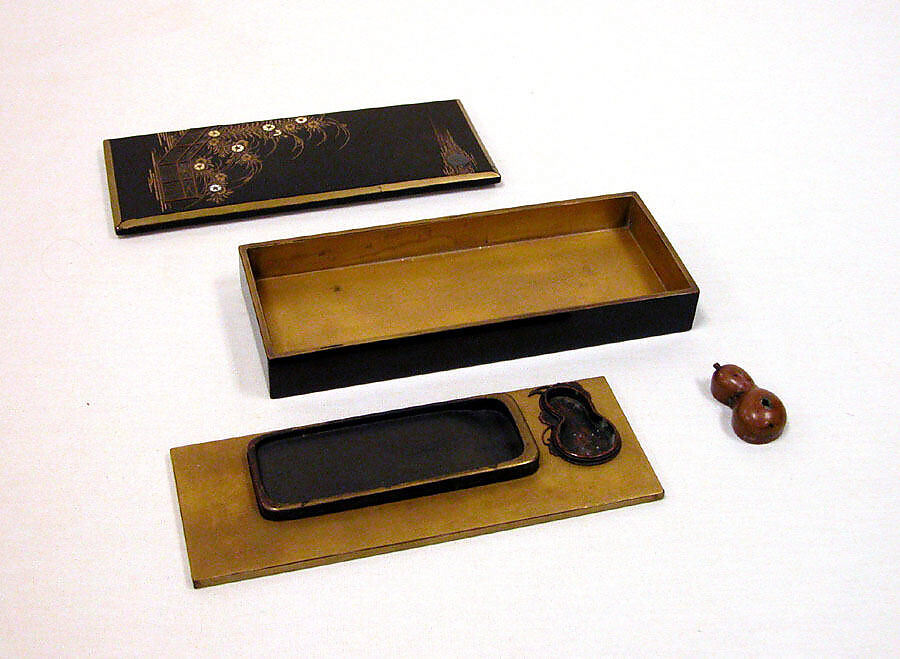 Writing Box with Design of Wild Pink by Fence, Gold maki-e with inlays of ivory and mother-of-pearl on black lacquer, Japan