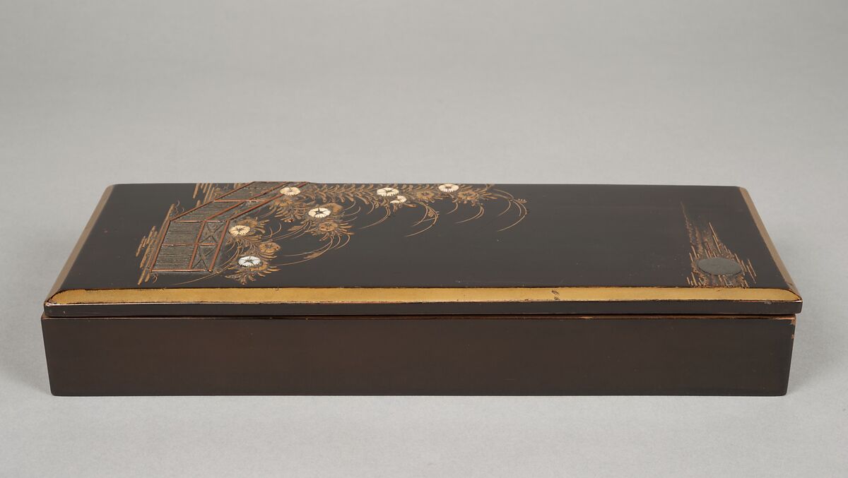 Writing Box with Design of Wild Pink by Fence, Gold maki-e with inlays of ivory and mother-of-pearl on black lacquer, Japan