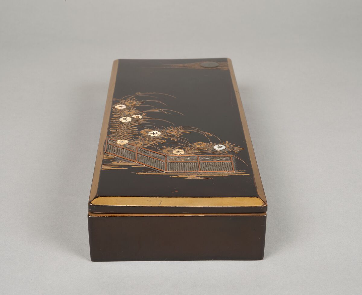 Writing Box with Design of Wild Pink by Fence, Gold maki-e with inlays of ivory and mother-of-pearl on black lacquer, Japan