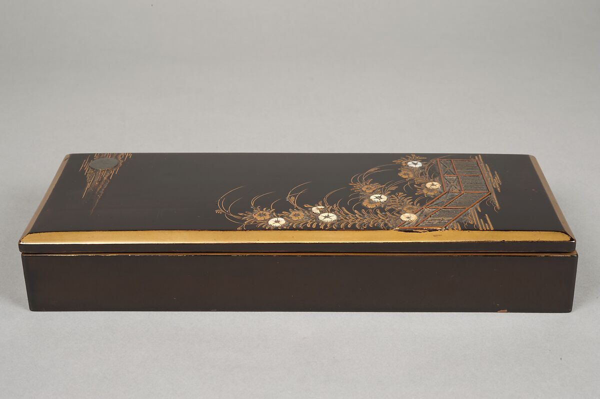 Writing Box with Design of Wild Pink by Fence, Gold maki-e with inlays of ivory and mother-of-pearl on black lacquer, Japan