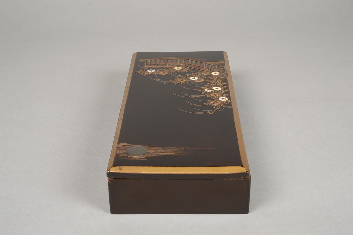 Writing Box with Design of Wild Pink by Fence, Gold maki-e with inlays of ivory and mother-of-pearl on black lacquer, Japan