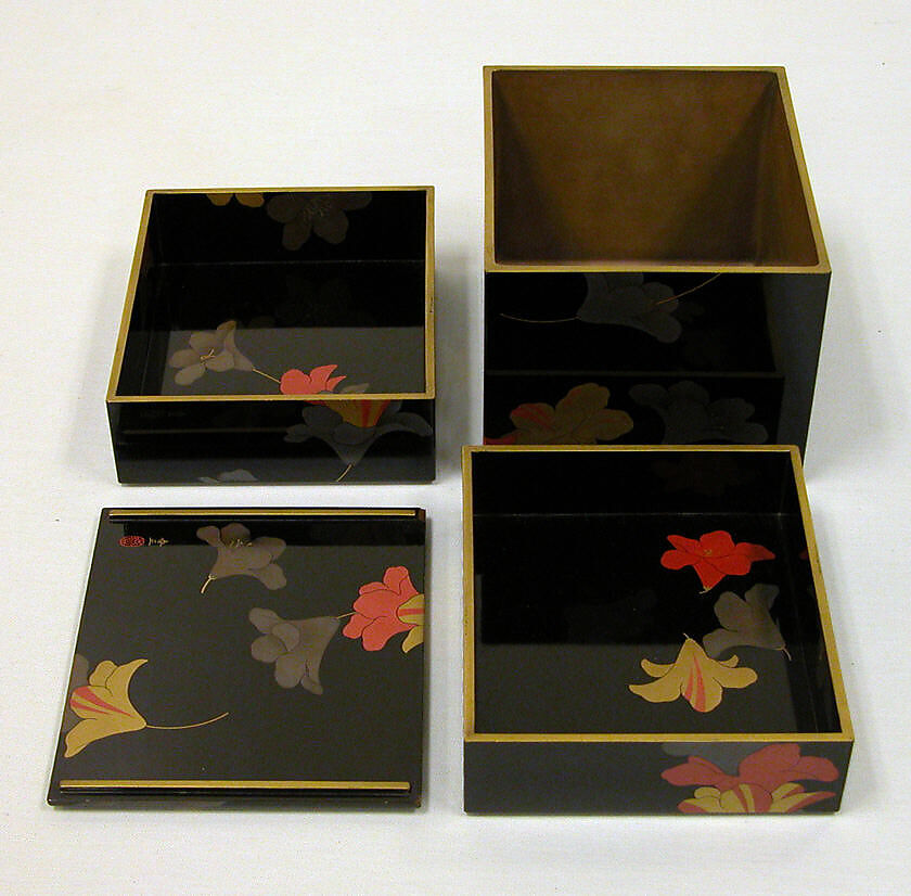 Tiered Food Box (Jūbako) with Garland of Azaleas, Yamamoto Shunshō School, Lacquered wood with gold, silver, beige, and red togidashimaki-e on black ground, Japan