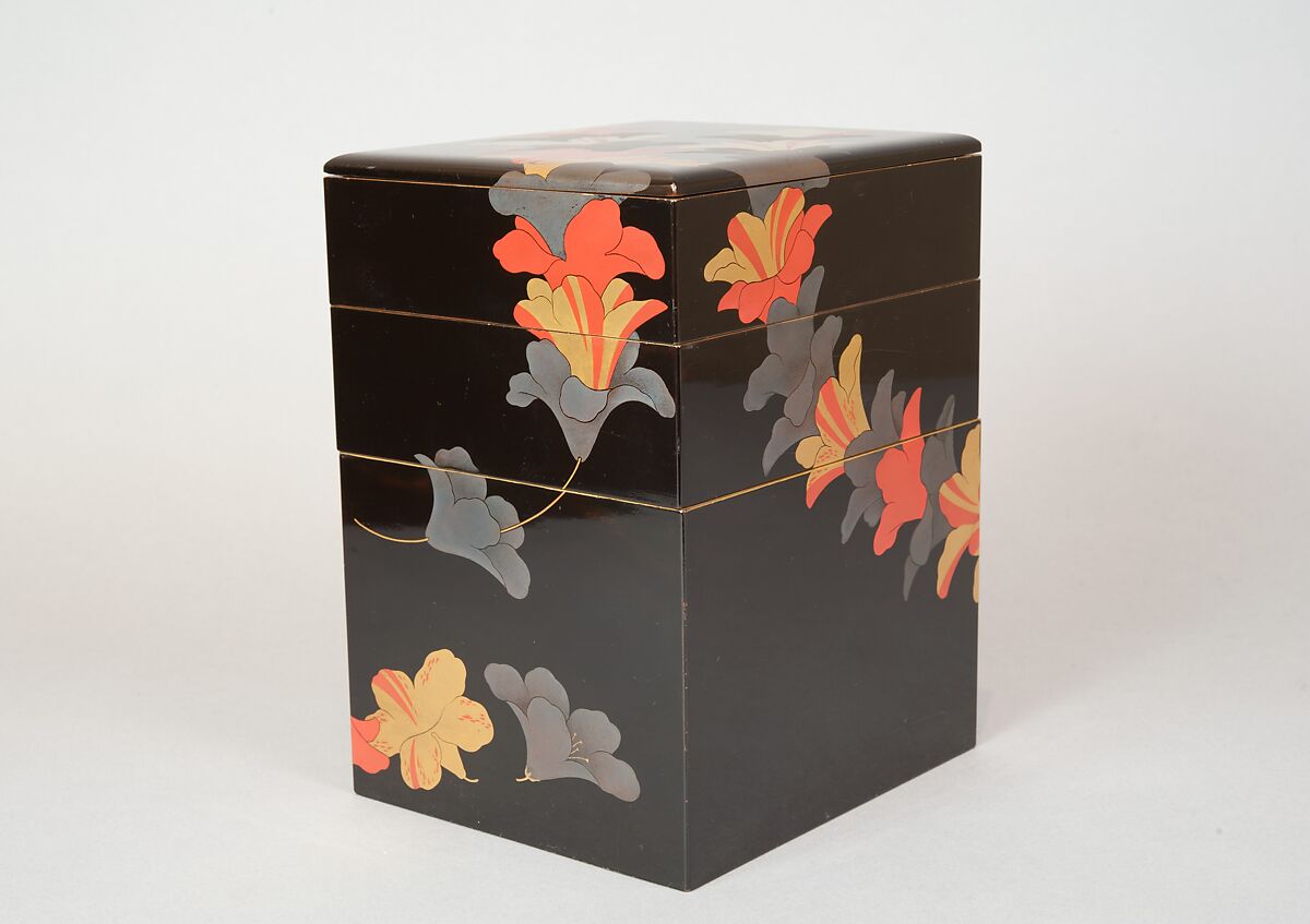 Tiered Food Box (Jūbako) with Garland of Azaleas, Yamamoto Shunshō School, Lacquered wood with gold, silver, beige, and red togidashimaki-e on black ground, Japan