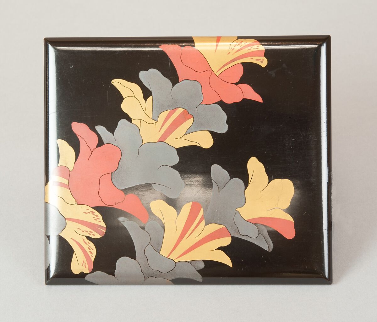 Tiered Food Box (Jūbako) with Garland of Azaleas, Yamamoto Shunshō School, Lacquered wood with gold, silver, beige, and red togidashimaki-e on black ground, Japan