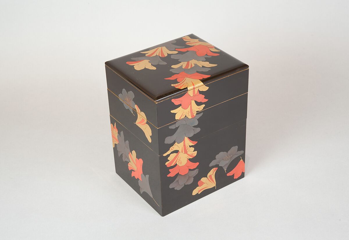 Tiered Food Box (Jūbako) with Garland of Azaleas, Yamamoto Shunshō School, Lacquered wood with gold, silver, beige, and red togidashimaki-e on black ground, Japan