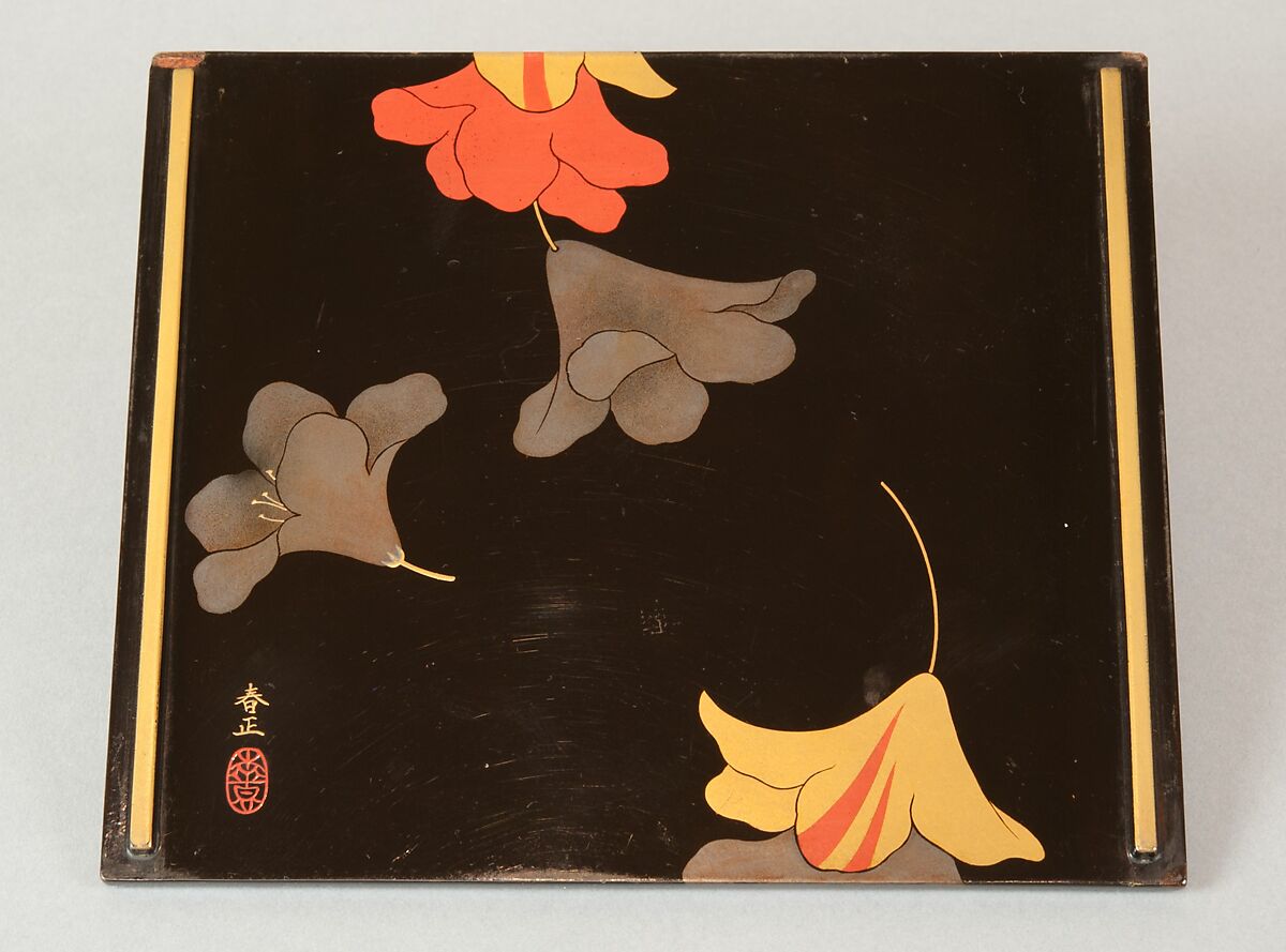 Tiered Food Box (Jūbako) with Garland of Azaleas, Yamamoto Shunshō School, Lacquered wood with gold, silver, beige, and red togidashimaki-e on black ground, Japan