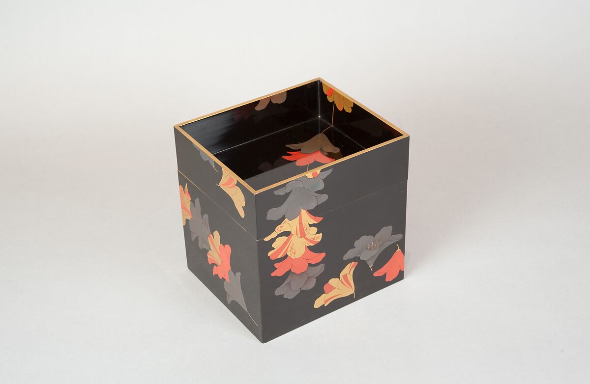 Tiered Food Box (Jūbako) with Garland of Azaleas, Yamamoto Shunshō School, Lacquered wood with gold, silver, beige, and red togidashimaki-e on black ground, Japan