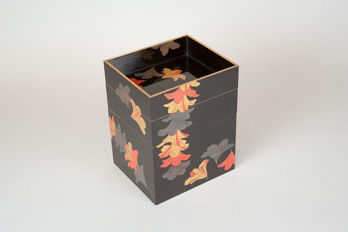 Tiered Food Box (Jūbako) with Garland of Azaleas, Yamamoto Shunshō School, Lacquered wood with gold, silver, beige, and red togidashimaki-e on black ground, Japan