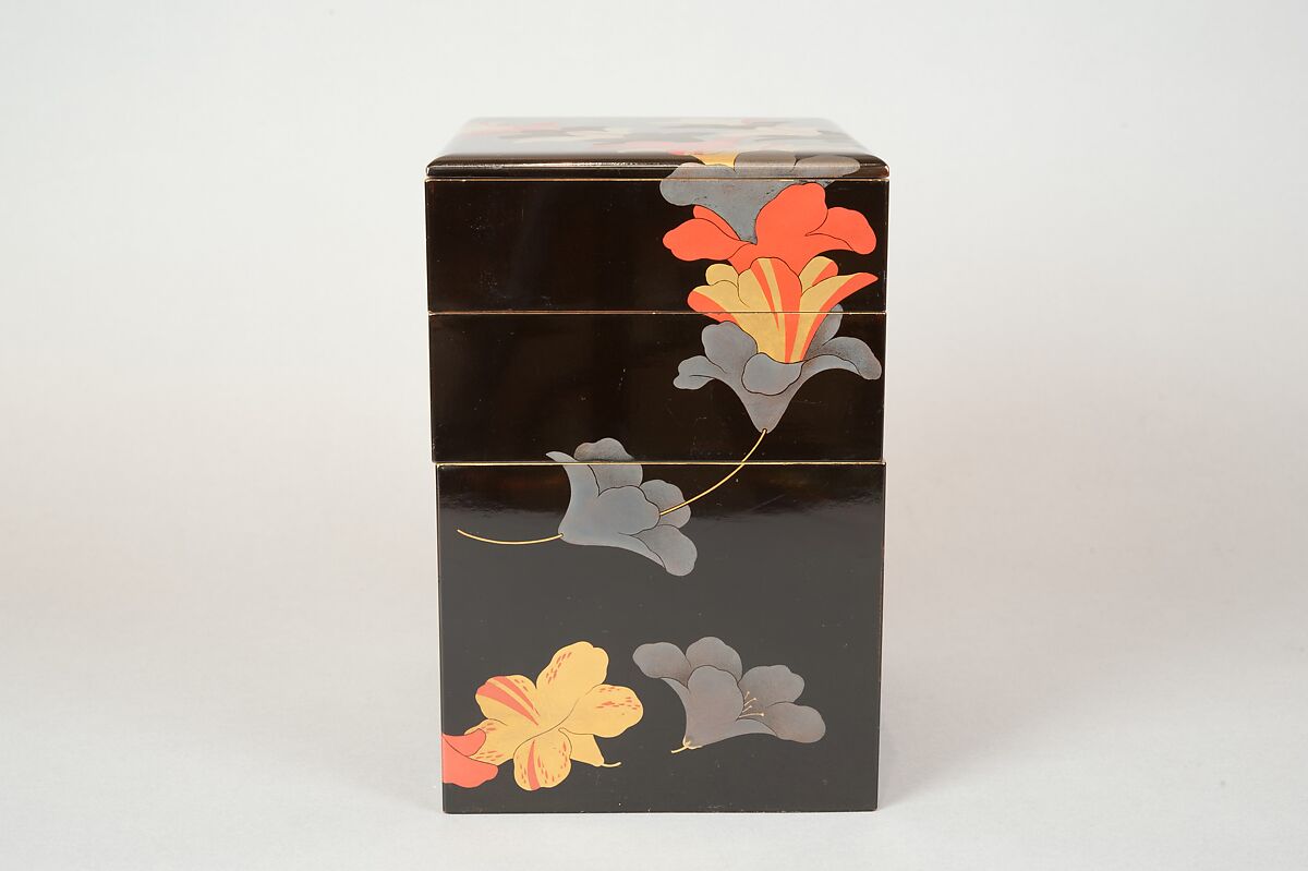 Tiered Food Box (Jūbako) with Garland of Azaleas, Yamamoto Shunshō School, Lacquered wood with gold, silver, beige, and red togidashimaki-e on black ground, Japan