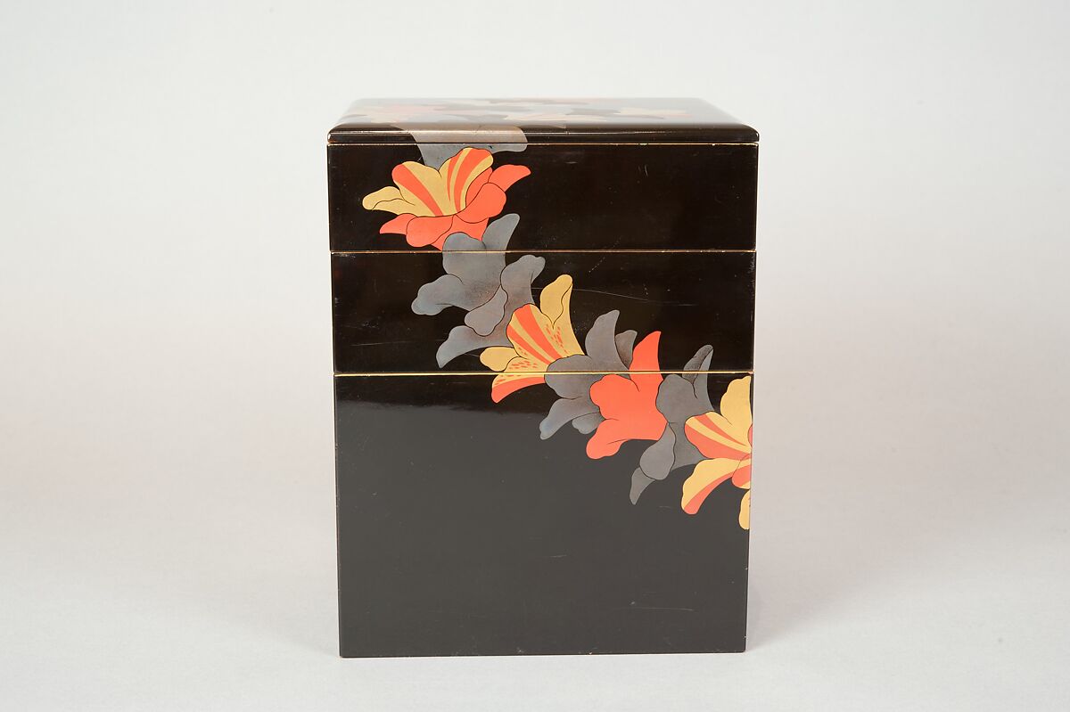 Tiered Food Box (Jūbako) with Garland of Azaleas, Yamamoto Shunshō School, Lacquered wood with gold, silver, beige, and red togidashimaki-e on black ground, Japan