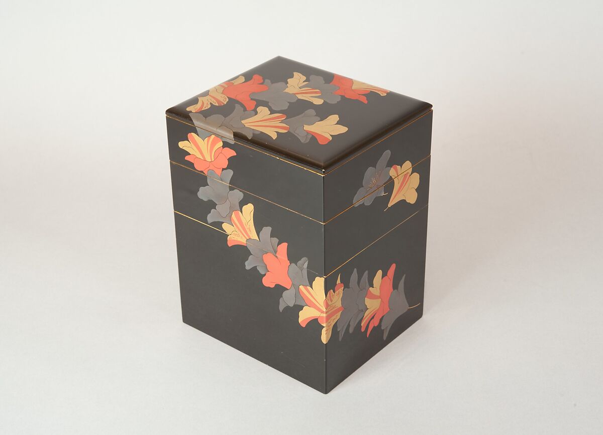 Tiered Food Box (Jūbako) with Garland of Azaleas, Yamamoto Shunshō School, Lacquered wood with gold, silver, beige, and red togidashimaki-e on black ground, Japan 