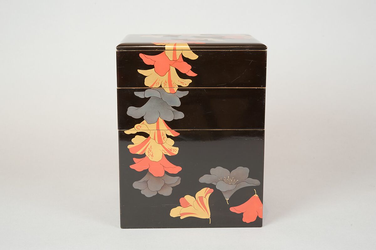 Tiered Food Box (Jūbako) with Garland of Azaleas, Yamamoto Shunshō School, Lacquered wood with gold, silver, beige, and red togidashimaki-e on black ground, Japan