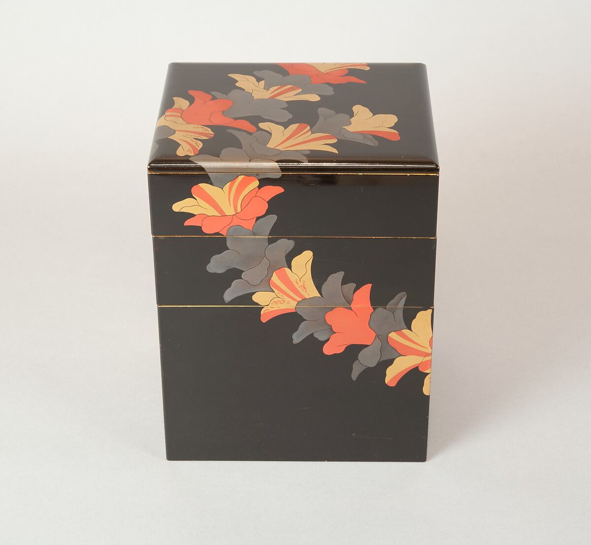 Tiered Food Box (Jūbako) with Garland of Azaleas, Yamamoto Shunshō School, Lacquered wood with gold, silver, beige, and red togidashimaki-e on black ground, Japan