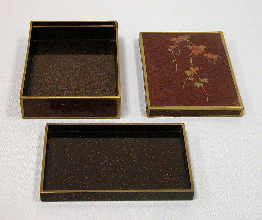 Basketwork Box with Ivy, Bamboo, and lacquer, with gold and silver hiramaki-e with red lacquer accents, Japan