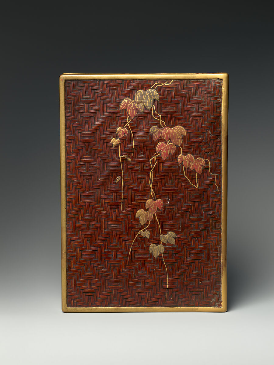 Basketwork Box with Ivy, Bamboo, and lacquer, with gold and silver hiramaki-e with red lacquer accents, Japan 