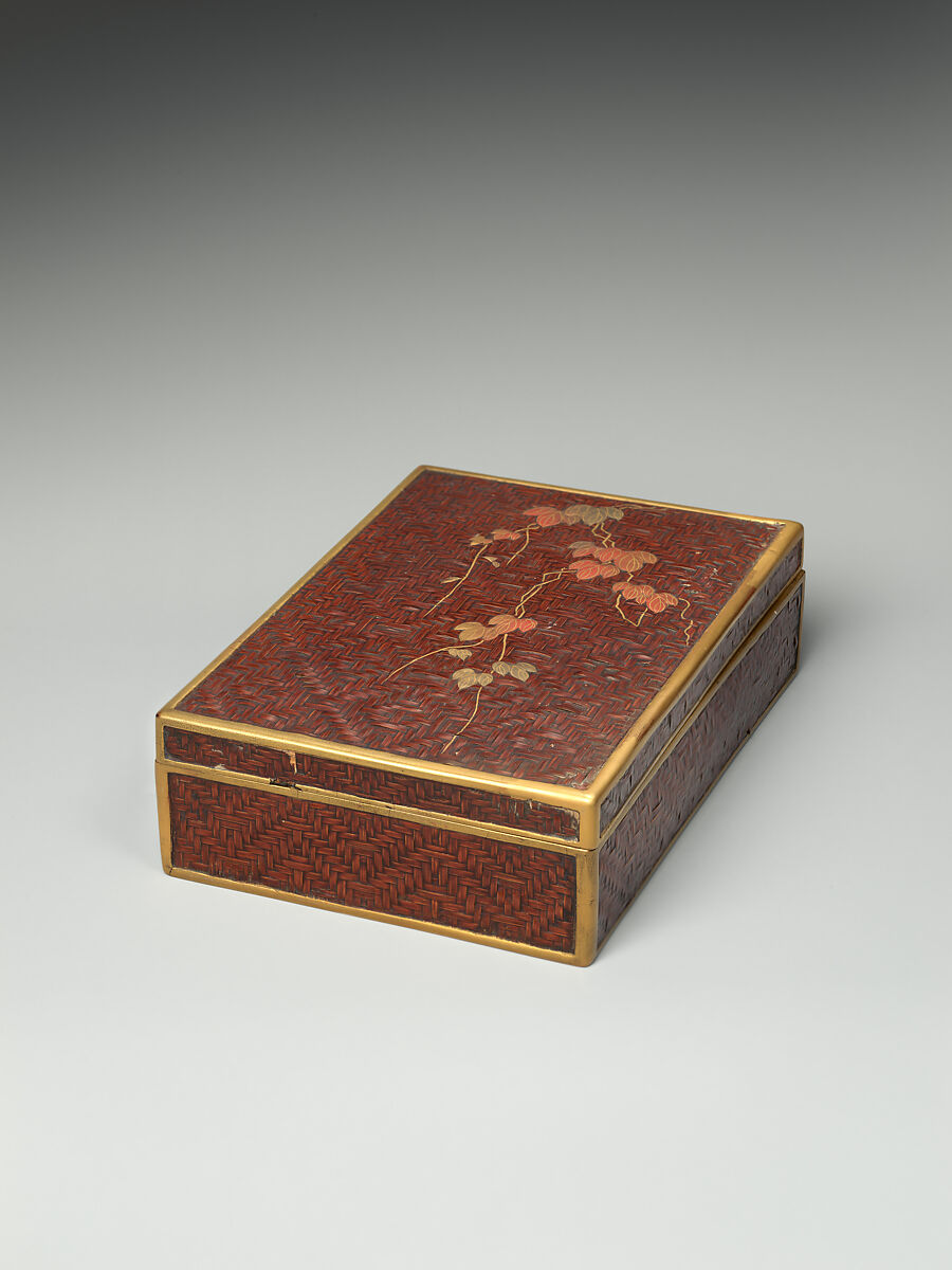 Basketwork Box with Ivy, Bamboo, and lacquer, with gold and silver hiramaki-e with red lacquer accents, Japan