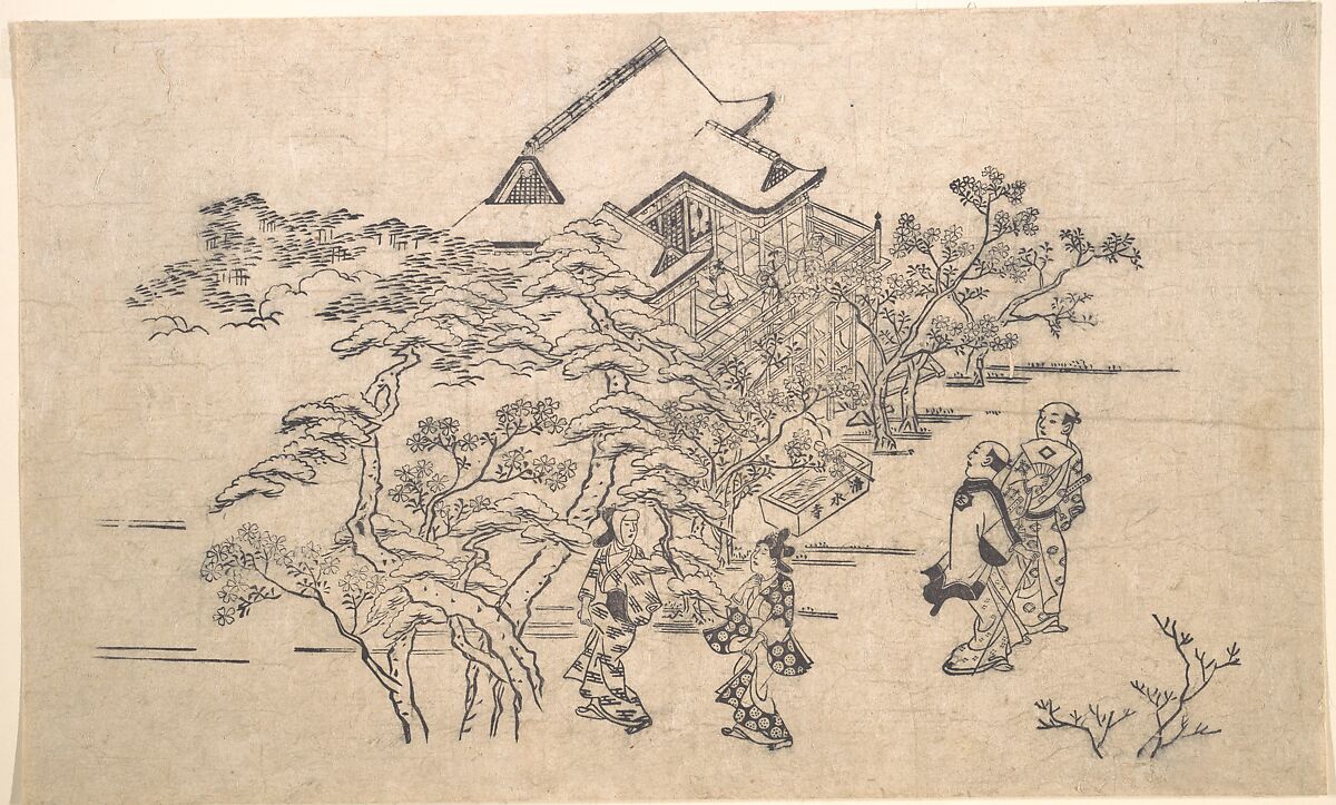 Kiyomidzu Temple in Kyoto, Hishikawa Moronobu 菱川師宣 (Japanese, 1618–1694), Monochrome woodblock print; ink on paper, Japan 