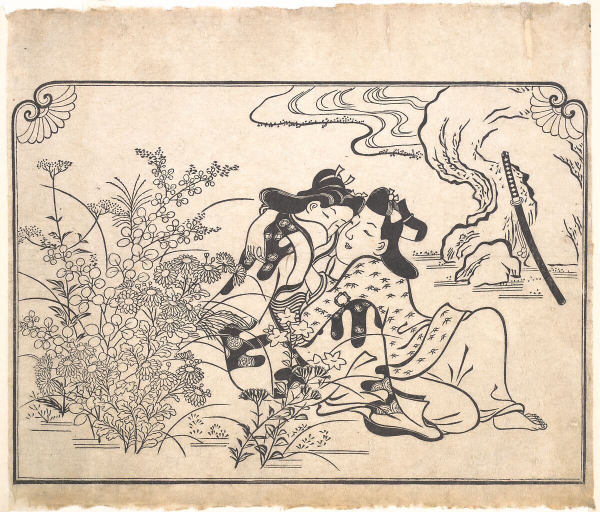 Lovers Beside Flowering Autumn Grasses, Hishikawa Moronobu 菱川師宣 (Japanese, 1618–1694), Woodblock print; ink on paper, Japan 