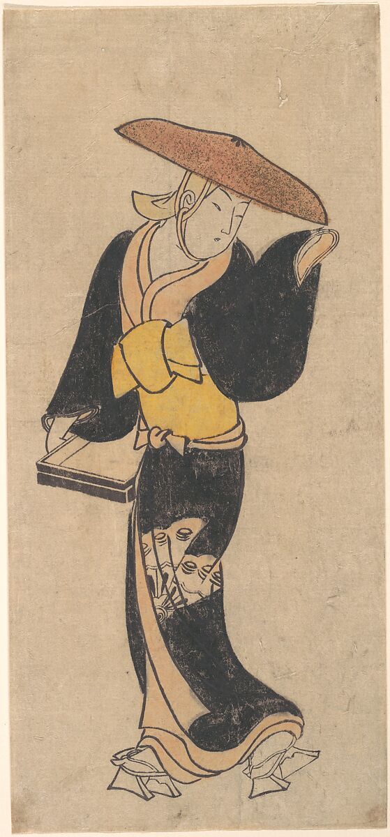 The Actor Sanjō Kantarō as an Itinerant Buddhist Nun, Attributed to Kondo Kiyoharu (Japanese, active ca. 1704–1720), Woodblock print (hand colored); ink and color on paper, Japan 