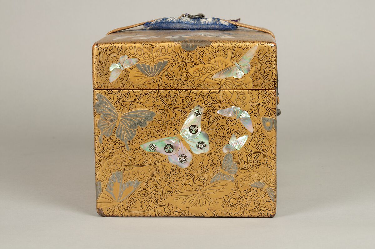 Box, Lacquered wood with gold and silver hiramaki-e, mother-of-pearl inlay on black lacquer ground; leather strap with metal fittings, Japan