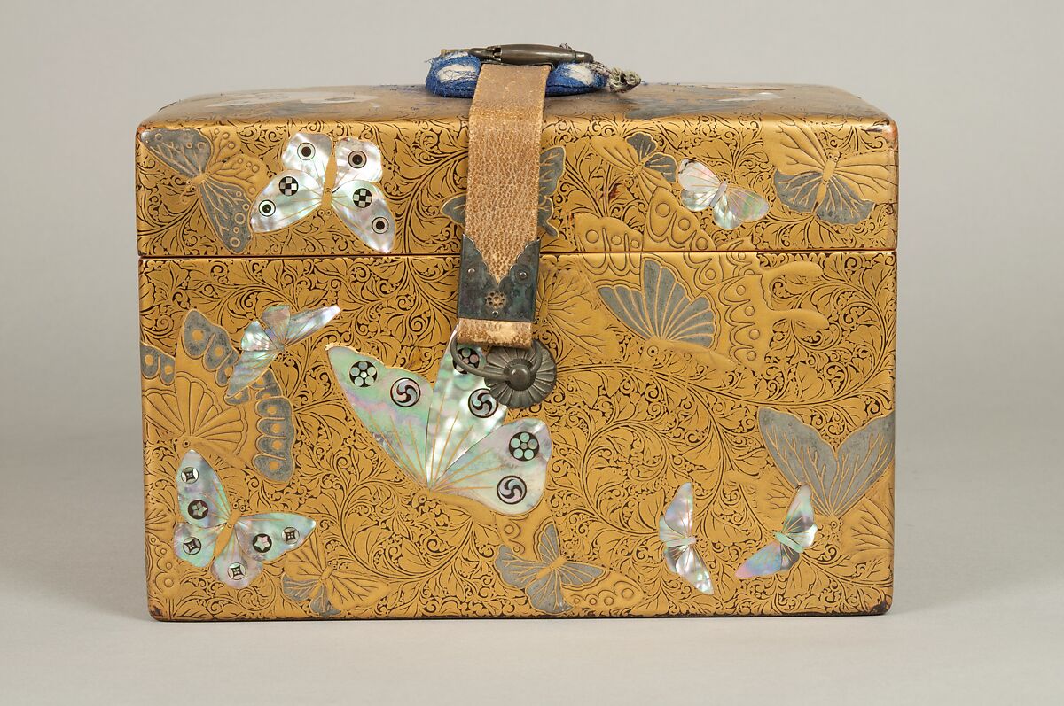 Box, Lacquered wood with gold and silver hiramaki-e, mother-of-pearl inlay on black lacquer ground; leather strap with metal fittings, Japan