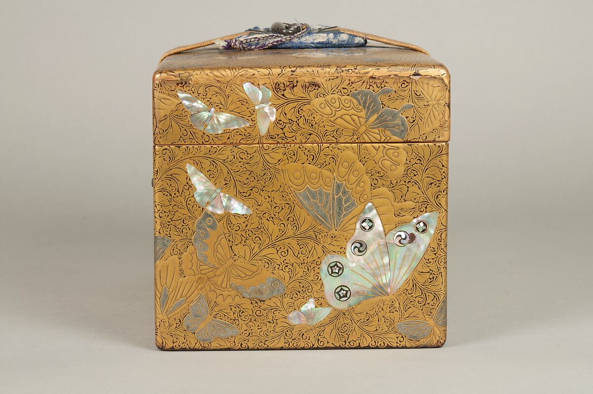 Box, Lacquered wood with gold and silver hiramaki-e, mother-of-pearl inlay on black lacquer ground; leather strap with metal fittings, Japan