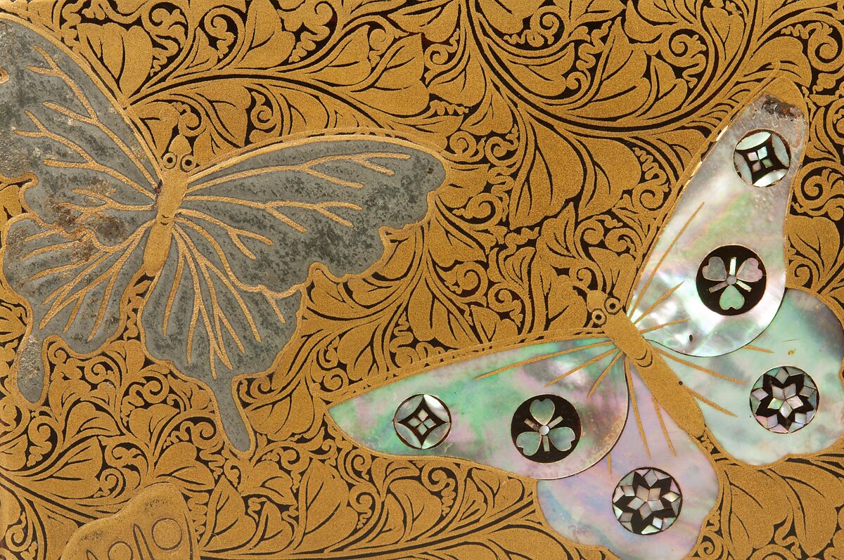 Box, Lacquered wood with gold and silver hiramaki-e, mother-of-pearl inlay on black lacquer ground; leather strap with metal fittings, Japan